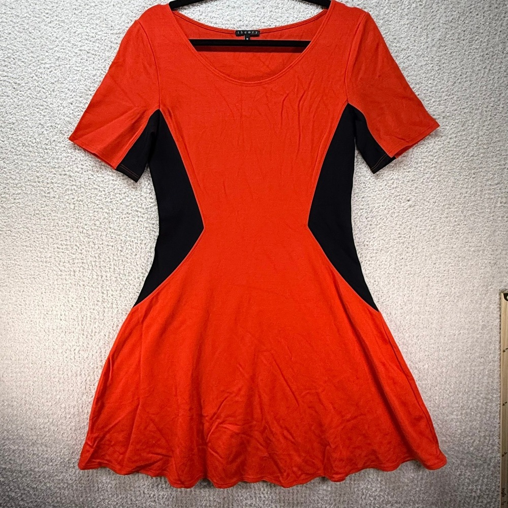 Theory Fit &‎ Flare Dress Orange Black Stretch Short Sleeve Casual Size M